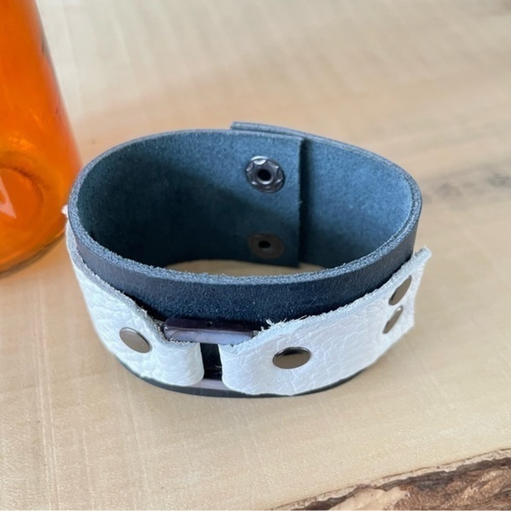 $49 SALE Handmade Leather Cuff Bracelet 7” Dark Blue White Gunmetal Men Women - Picture 5 of 8
